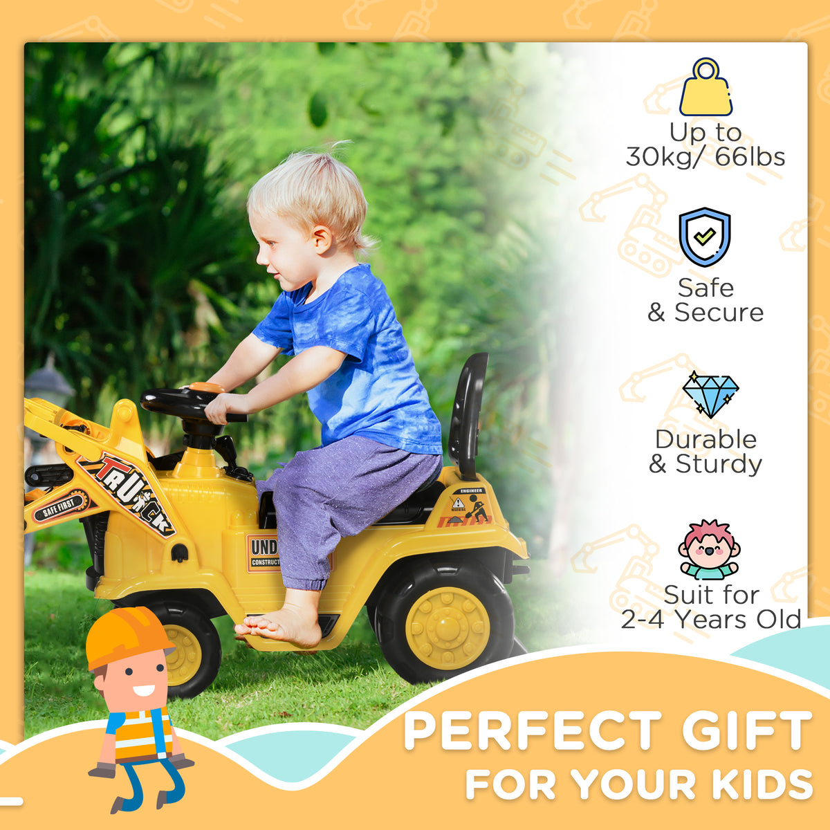 Ride On Excavator Toy No Power Digger with Realistic Sound Grabber Storage, for 2-4 Years Old, 32.7"x10.6"x15.4", Yellow-Toys & Games > Baby & Toddler Toys > Riding & Rocking Toys > Toy Excavators-DECOROLALA