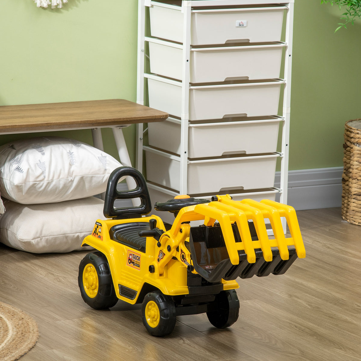Ride On Excavator Toy No Power Digger with Realistic Sound Grabber Storage, for 2-4 Years Old, 32.7"x10.6"x15.4", Yellow-Toys & Games > Baby & Toddler Toys > Riding & Rocking Toys > Toy Excavators-DECOROLALA