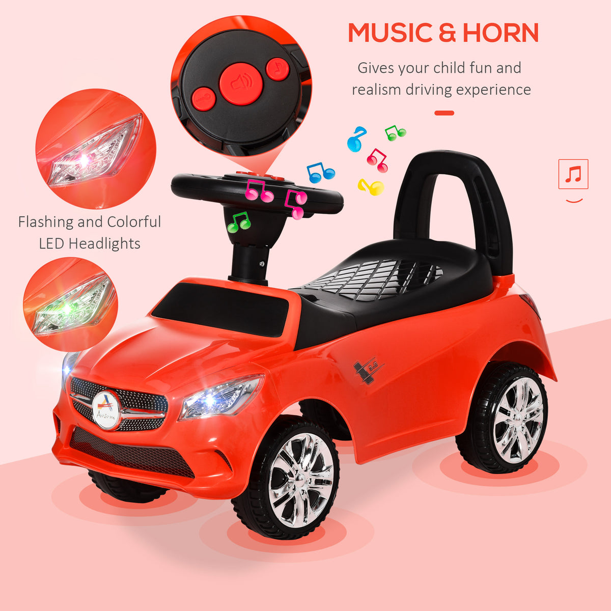 Kids Ride On Push Car, Foot-to-Floor Walking Sliding Toy Car for Toddler with Under Seat Storage, Music, Headlights Red-Toys & Games > Baby & Toddler Toys > Riding & Rocking Toys > Push Cars for Toddlers-DECOROLALA
