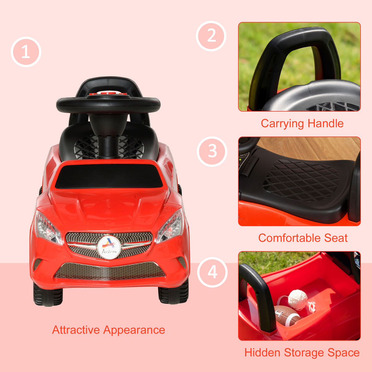 Kids Ride On Push Car, Foot-to-Floor Walking Sliding Toy Car for Toddler with Under Seat Storage, Music, Headlights Red-Toys & Games > Baby & Toddler Toys > Riding & Rocking Toys > Push Cars for Toddlers-DECOROLALA