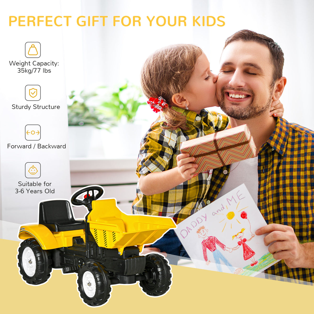 Ride on Tractor for Kids, Pedal Construction Car with Manual Control Bucket for 3 Years Old, Yellow-Toys & Games > Baby & Toddler Toys > Riding & Rocking Toys > Toy Excavators-DECOROLALA