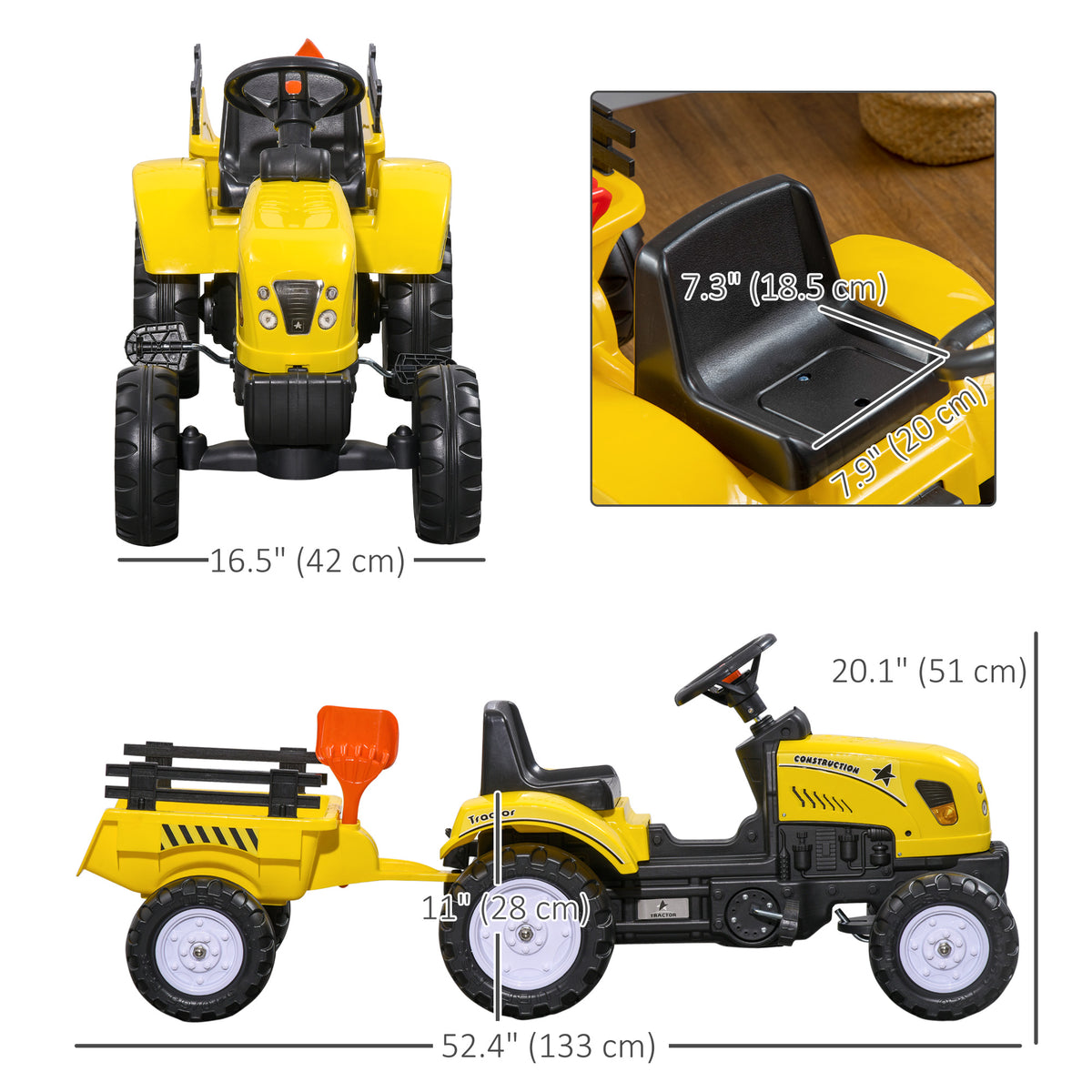 Kids Ride-on Pedal Excavator Tractor with Trailer - Yellow/Black-Toys & Games > Baby & Toddler Toys > Riding & Rocking Toys > Toy Excavators-DECOROLALA