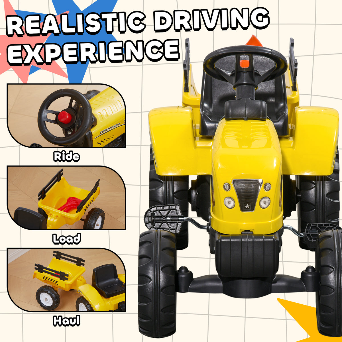 Kids Ride-on Pedal Excavator Tractor with Trailer - Yellow/Black-Toys & Games > Baby & Toddler Toys > Riding & Rocking Toys > Toy Excavators-DECOROLALA