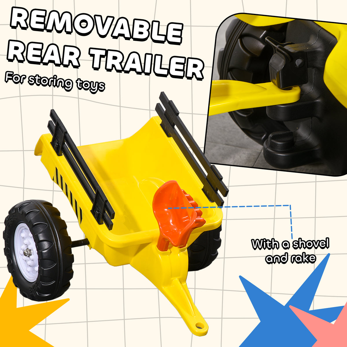 Kids Ride-on Pedal Excavator Tractor with Trailer - Yellow/Black-Toys & Games > Baby & Toddler Toys > Riding & Rocking Toys > Toy Excavators-DECOROLALA