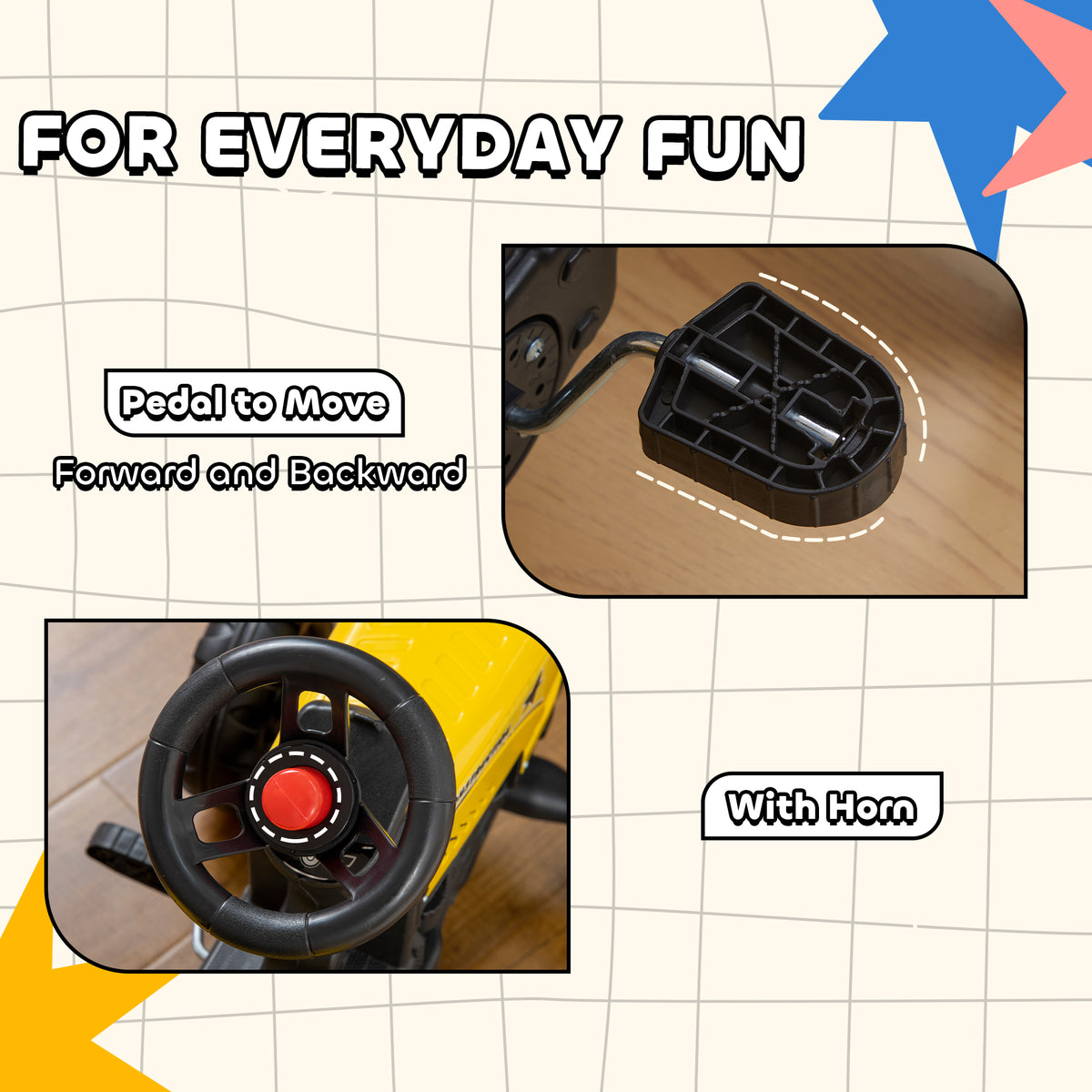 Kids Ride-on Pedal Excavator Tractor with Trailer - Yellow/Black-Toys & Games > Baby & Toddler Toys > Riding & Rocking Toys > Toy Excavators-DECOROLALA