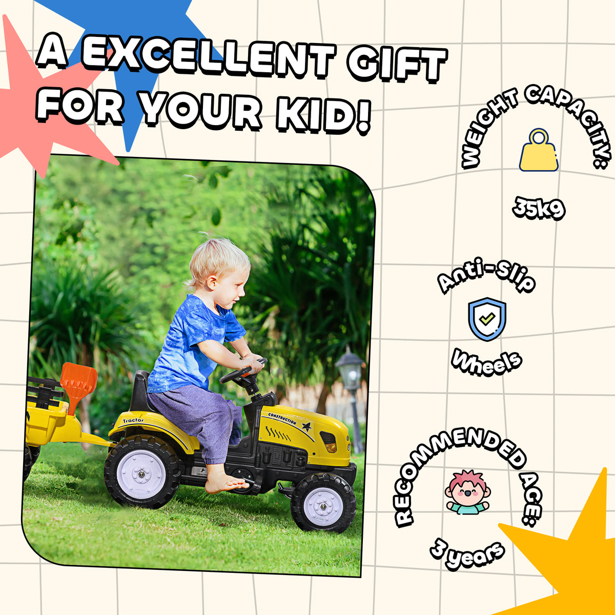 Kids Ride-on Pedal Excavator Tractor with Trailer - Yellow/Black-Toys & Games > Baby & Toddler Toys > Riding & Rocking Toys > Toy Excavators-DECOROLALA