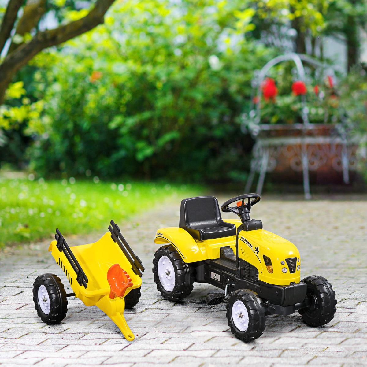 Kids Ride-on Pedal Excavator Tractor with Trailer - Yellow/Black-Toys & Games > Baby & Toddler Toys > Riding & Rocking Toys > Toy Excavators-DECOROLALA