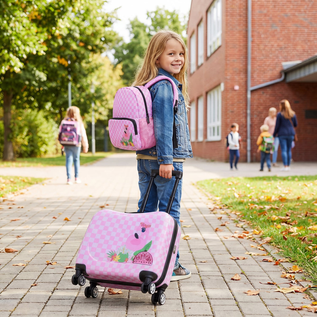 Kids Ride-on Suitcase and Backpack Set with Lanyard for Travel-Pinkandwhite-Kids Suitcases-DECOROLALA