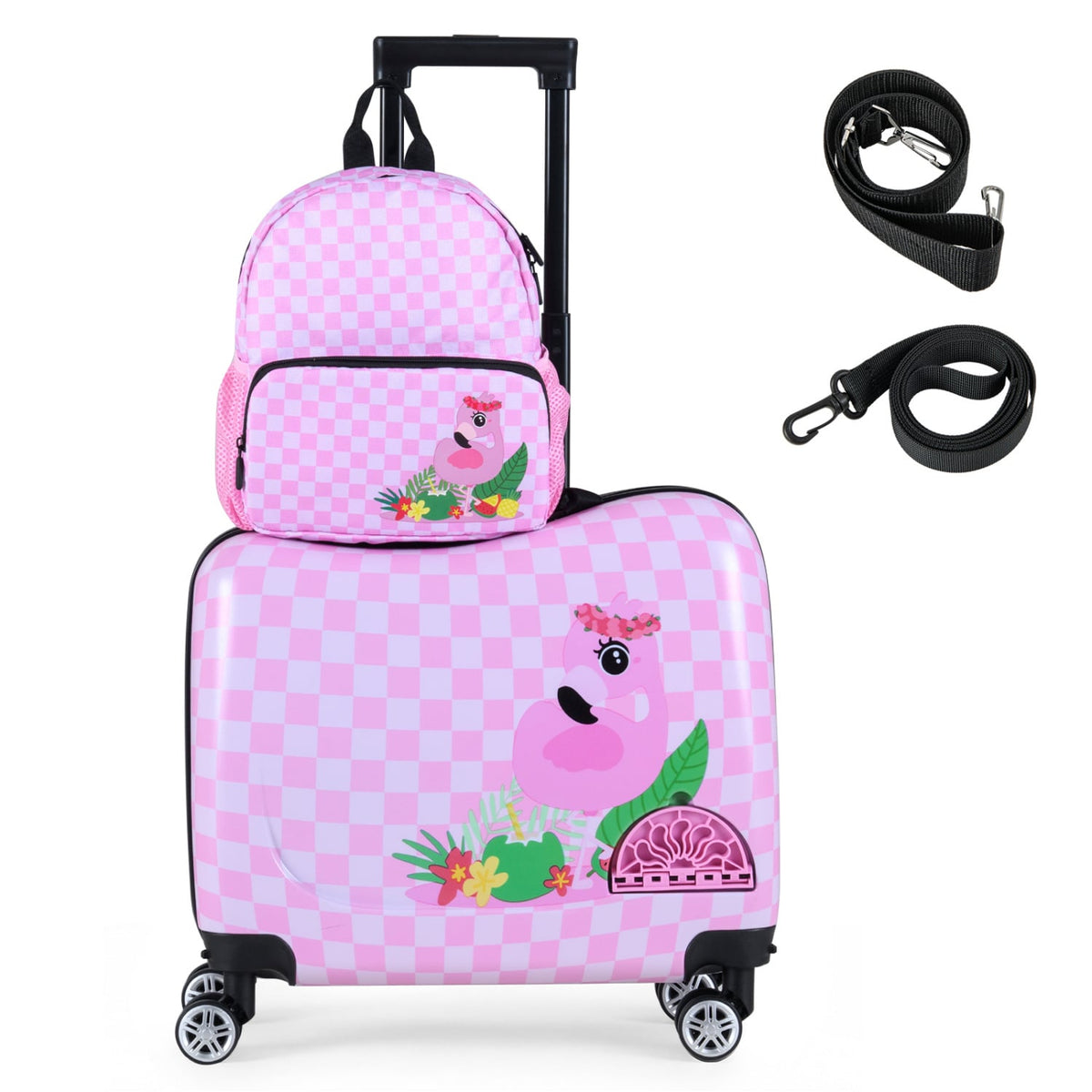 Kids Ride-on Suitcase and Backpack Set with Lanyard for Travel-Pinkandwhite-Kids Suitcases-DECOROLALA