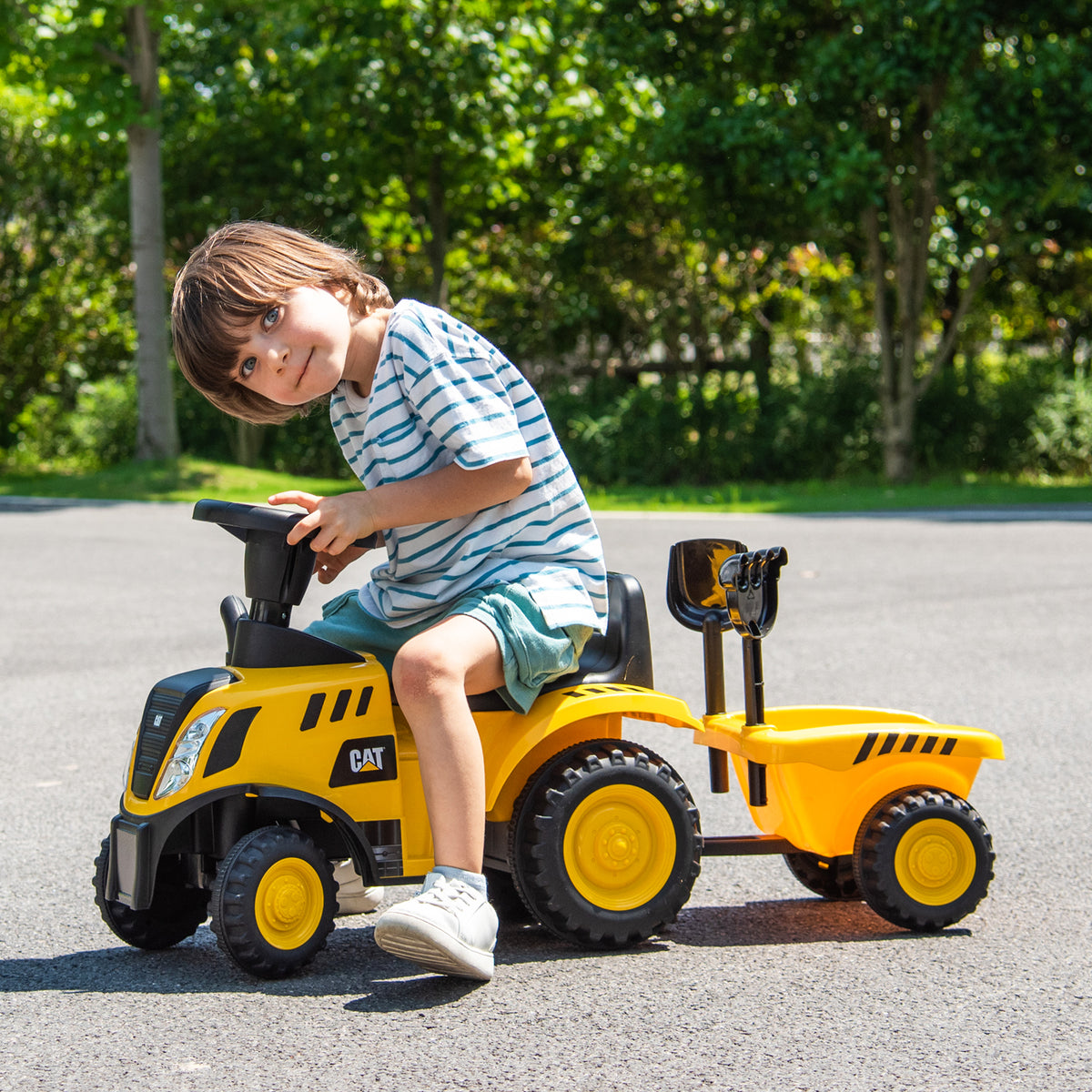 Tracteur à chevaucher pour enfants Caterpillar sous licence avec remorque amovible, sans alimentation, jaune