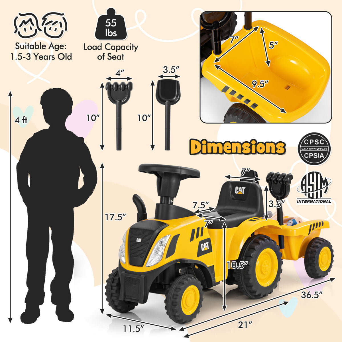 Kids Ride on Tractor Licensed Caterpillar with Detachable Trailer No Power-Yellow