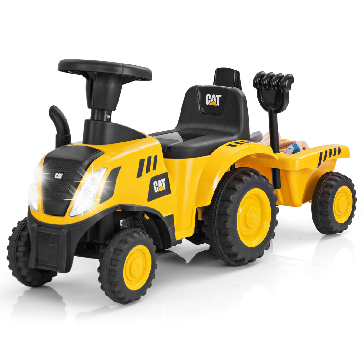 Tracteur à chevaucher pour enfants Caterpillar sous licence avec remorque amovible, sans alimentation, jaune