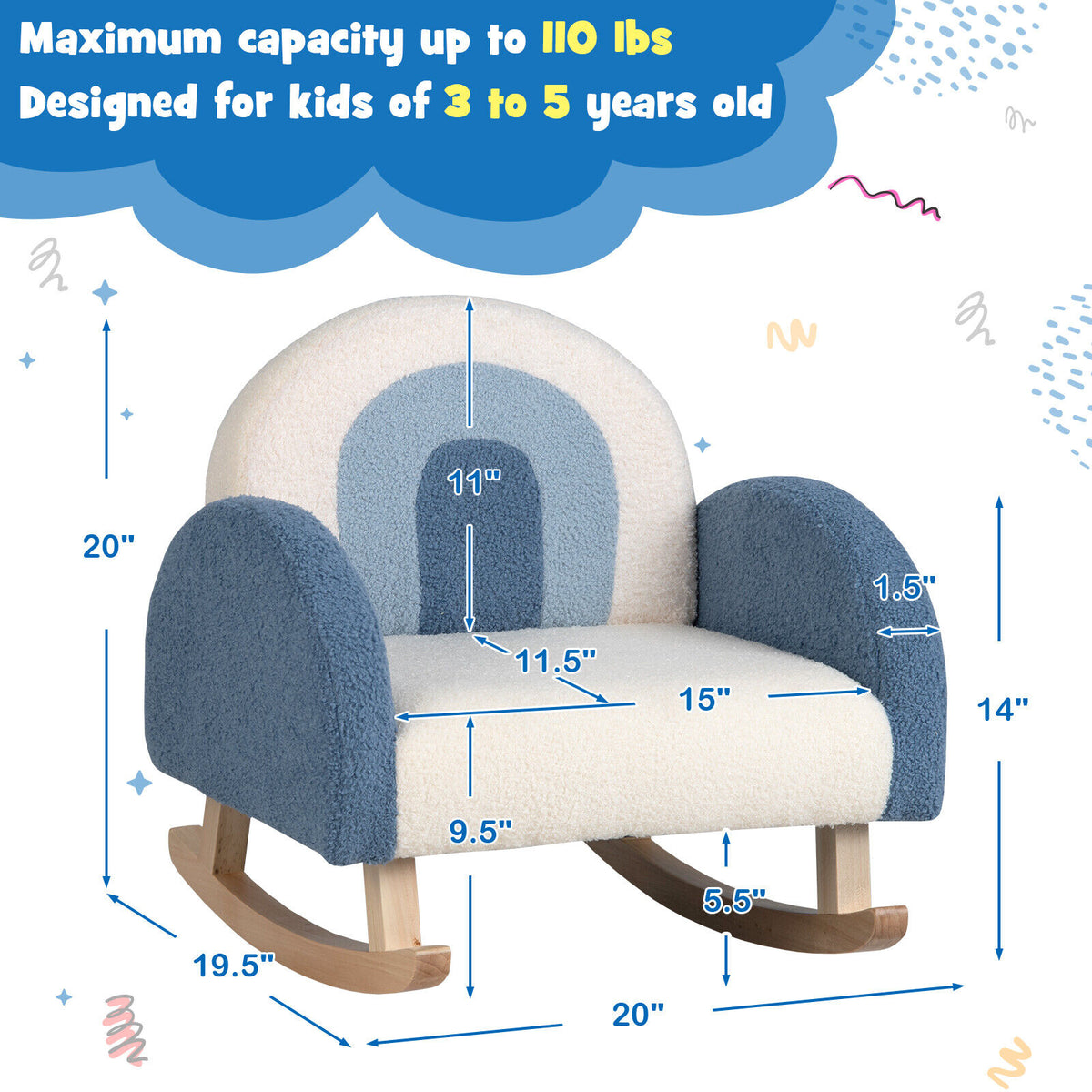 Kids Rocking Chair Children Velvet Upholstered Sofa with Solid Wood Legs-Blue-Kids Chairs-DECOROLALA