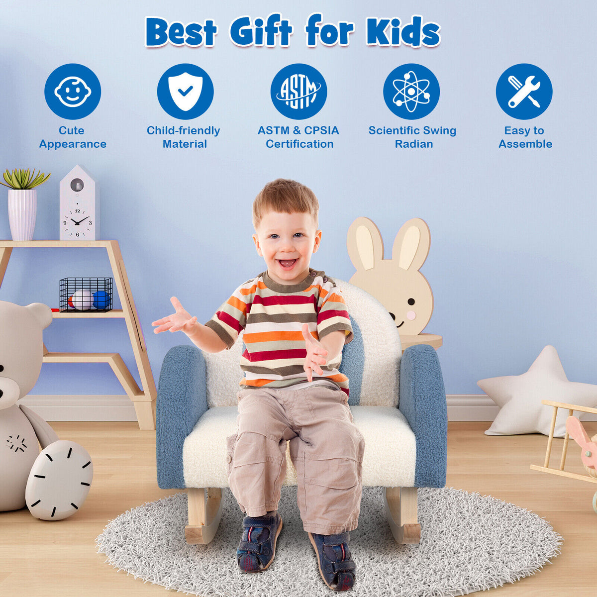 Kids Rocking Chair Children Velvet Upholstered Sofa with Solid Wood Legs-Blue-Kids Chairs-DECOROLALA