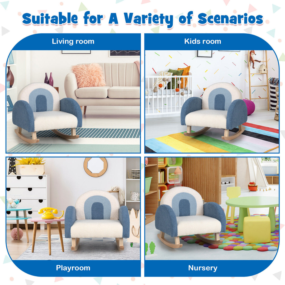 Kids Rocking Chair Children Velvet Upholstered Sofa with Solid Wood Legs-Blue-Kids Chairs-DECOROLALA
