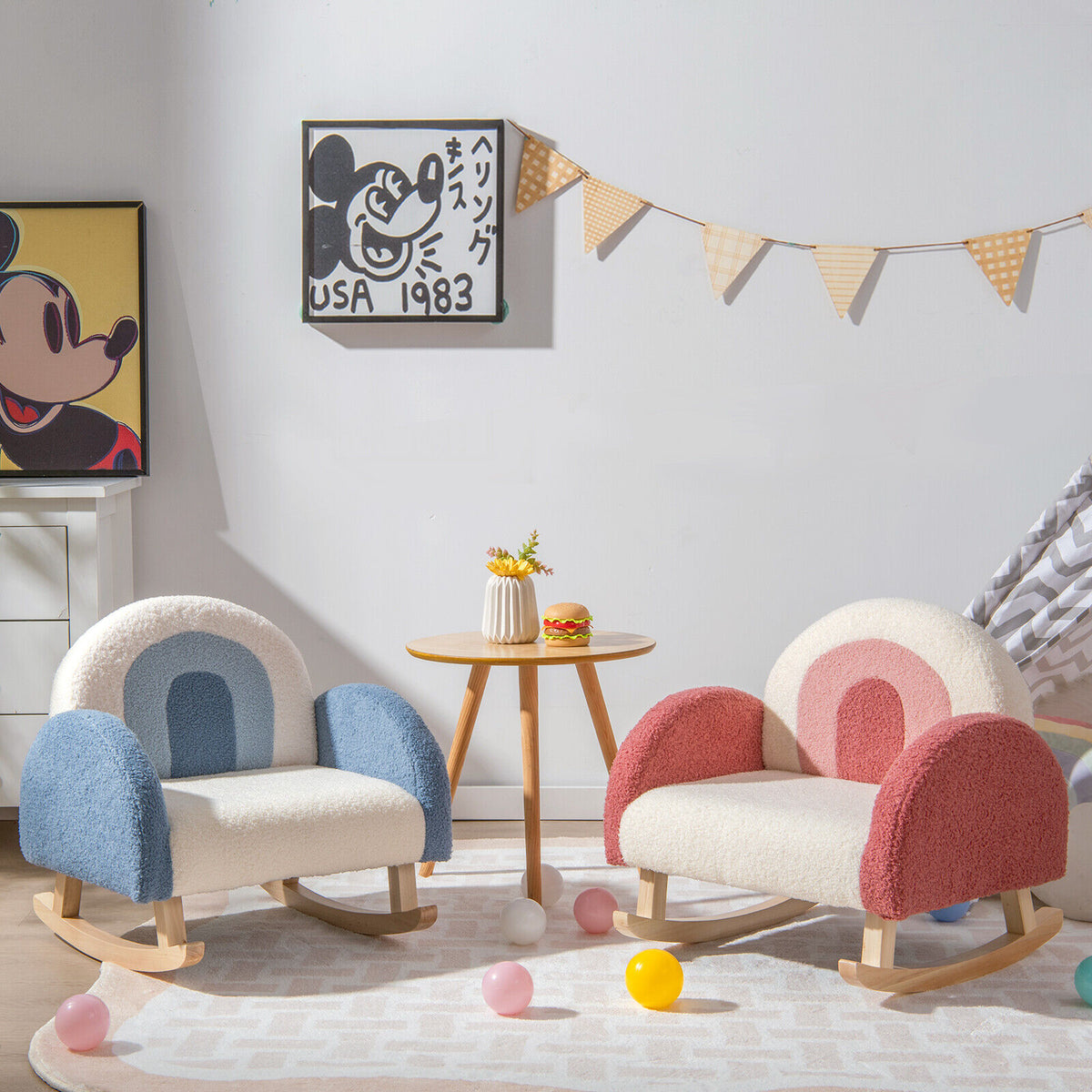 Kids Rocking Chair Children Velvet Upholstered Sofa with Solid Wood Legs-Blue-Kids Chairs-DECOROLALA