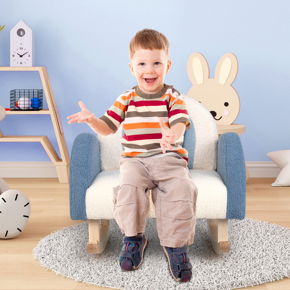 Kids Rocking Chair Children Velvet Upholstered Sofa with Solid Wood Legs-Blue-Kids Chairs-DECOROLALA