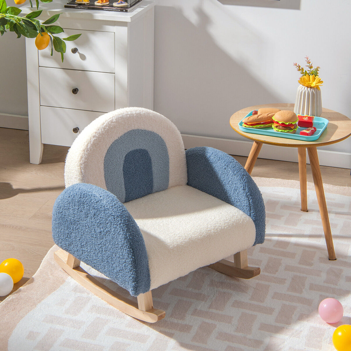 Kids Rocking Chair Children Velvet Upholstered Sofa with Solid Wood Legs-Blue-Kids Chairs-DECOROLALA
