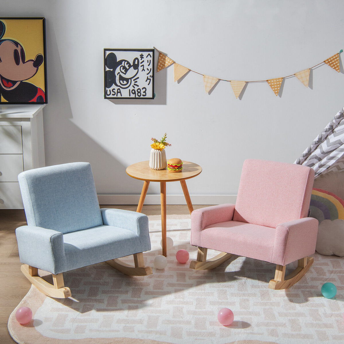 Kids Rocking Chair with Solid Wood Legs-Pink-Kids Chairs-DECOROLALA