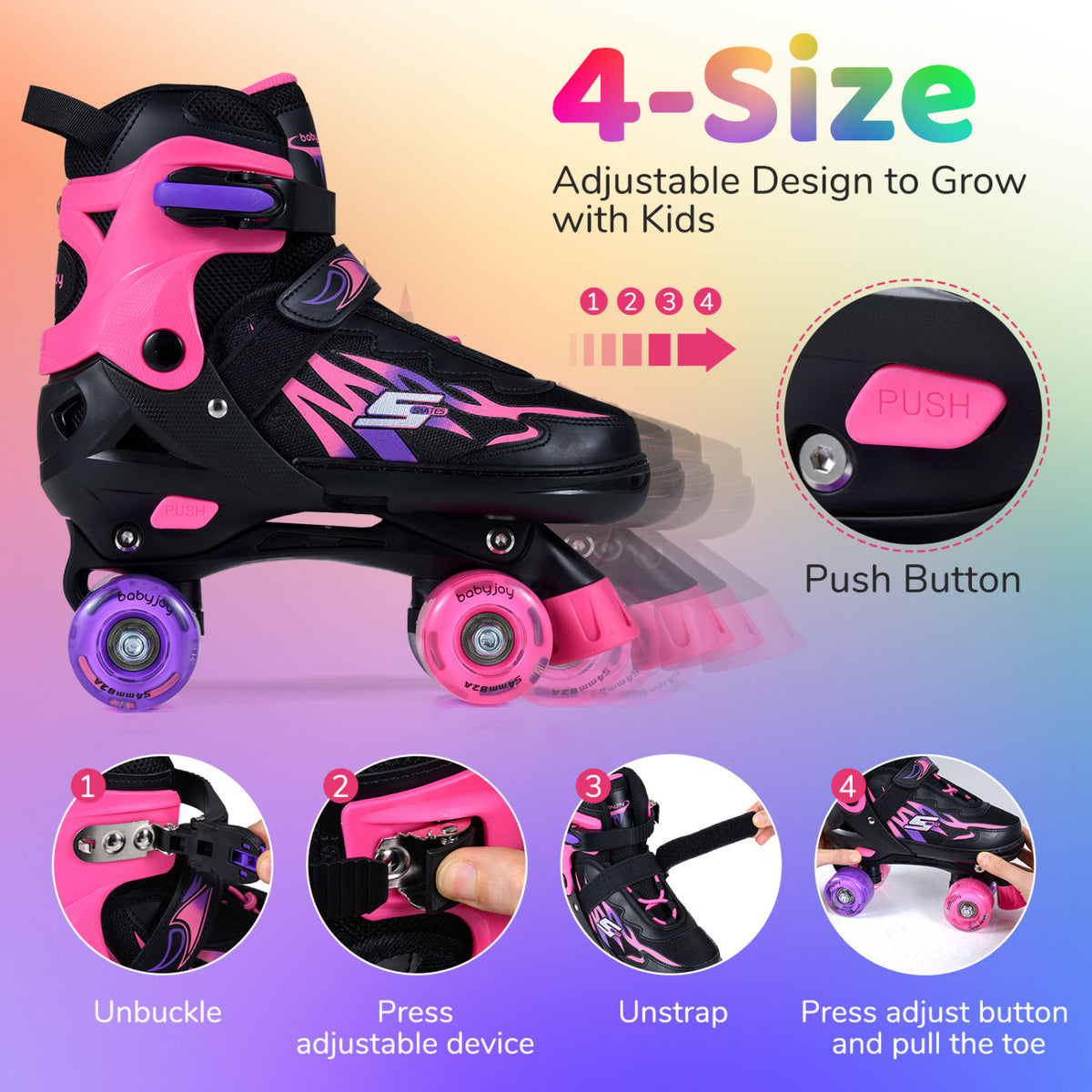 Patins à roulettes pour filles et garçons, réglables sur 4 tailles, avec roues lumineuses, pour l’extérieur