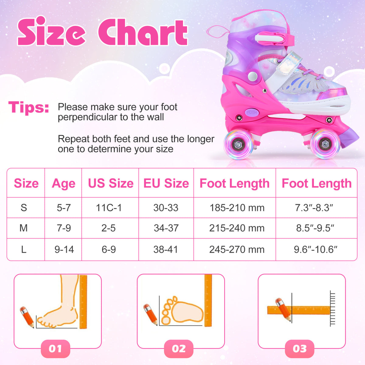 Adjustable Kids Roller Skates - Butterfly Design with LED Wheels