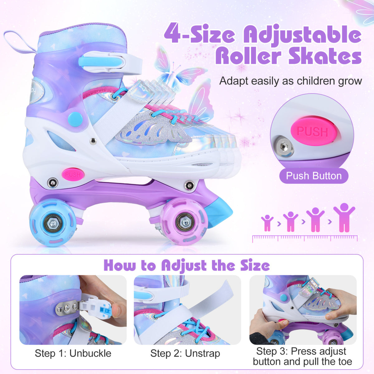 Adjustable Kids Roller Skates - Butterfly Design with LED Wheels