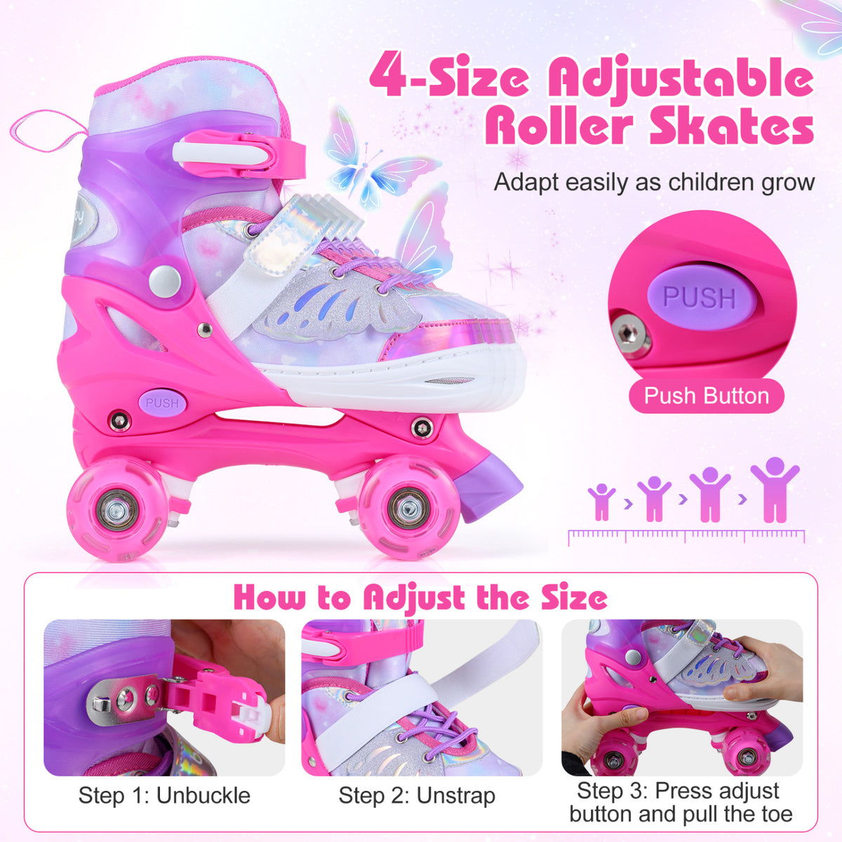 Adjustable Kids Roller Skates - Butterfly Design with LED Wheels