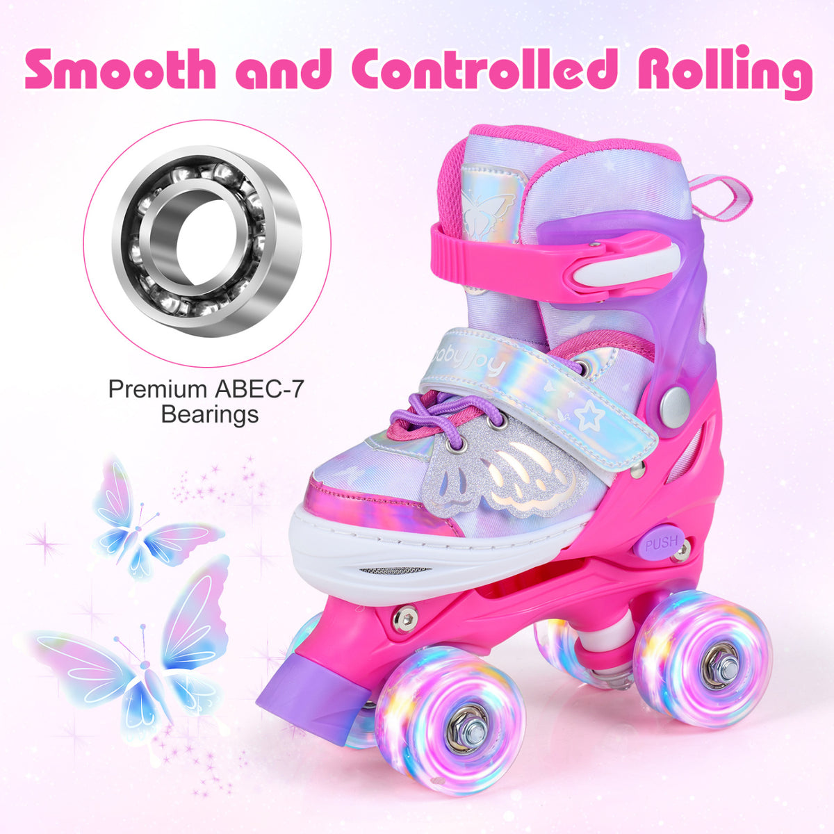 Adjustable Kids Roller Skates - Butterfly Design with LED Wheels