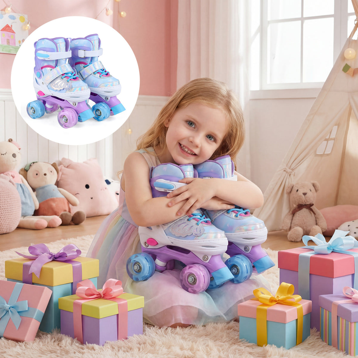 Adjustable Kids Roller Skates - Butterfly Design with LED Wheels