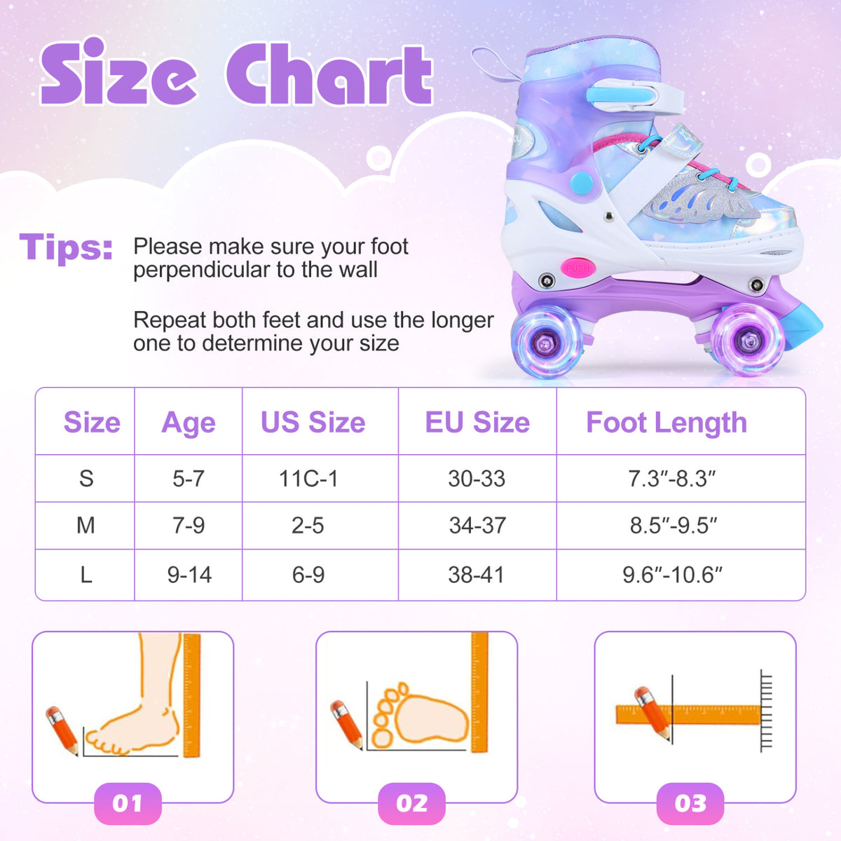 Adjustable Kids Roller Skates - Butterfly Design with LED Wheels