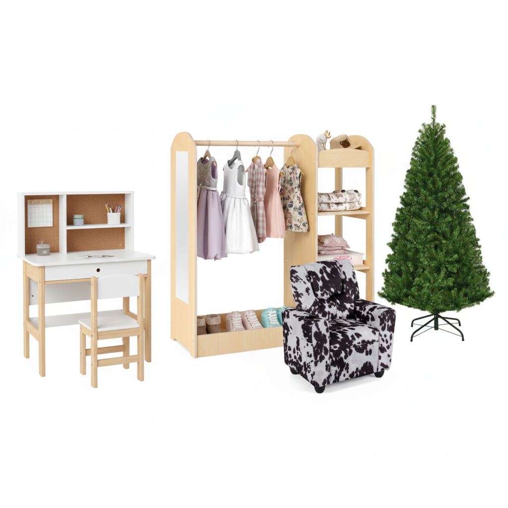 Kids Room Set: Recliner + Natural Study Desk & Chair + 4-ft Christmas Tree + Natural Dress-Up Storage-Kids Furniture-DECOROLALA