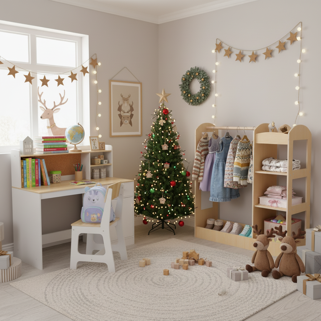 Kids Room Set: Recliner + Natural Study Desk & Chair + 4-ft Christmas Tree + Natural Dress-Up Storage-Kids Furniture-DECOROLALA