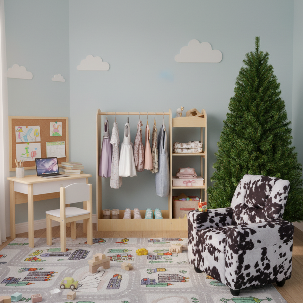 Kids Room Set: Recliner + Natural Study Desk & Chair + 4-ft Christmas Tree + Natural Dress-Up Storage-Kids Furniture-DECOROLALA