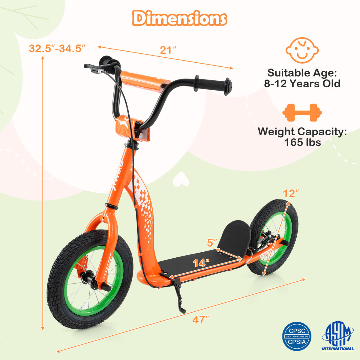 Trottinette pour enfants et adolescents avec guidon réglable en hauteur et roues gonflables de 12 pouces