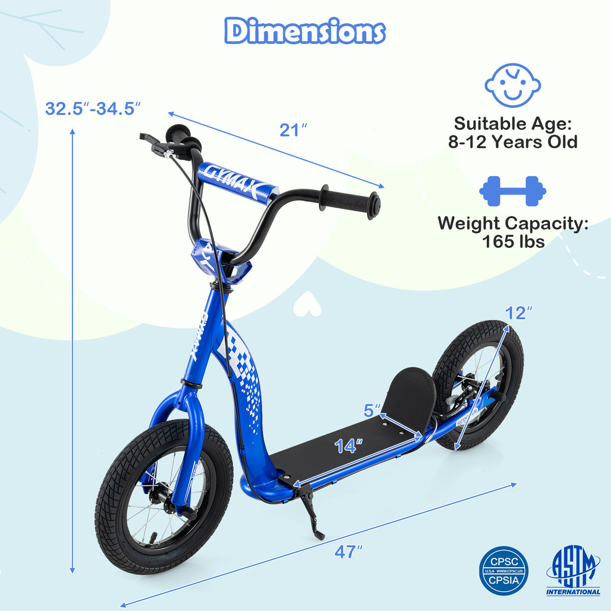 Trottinette pour enfants et adolescents avec guidon réglable en hauteur et roues gonflables de 12 pouces