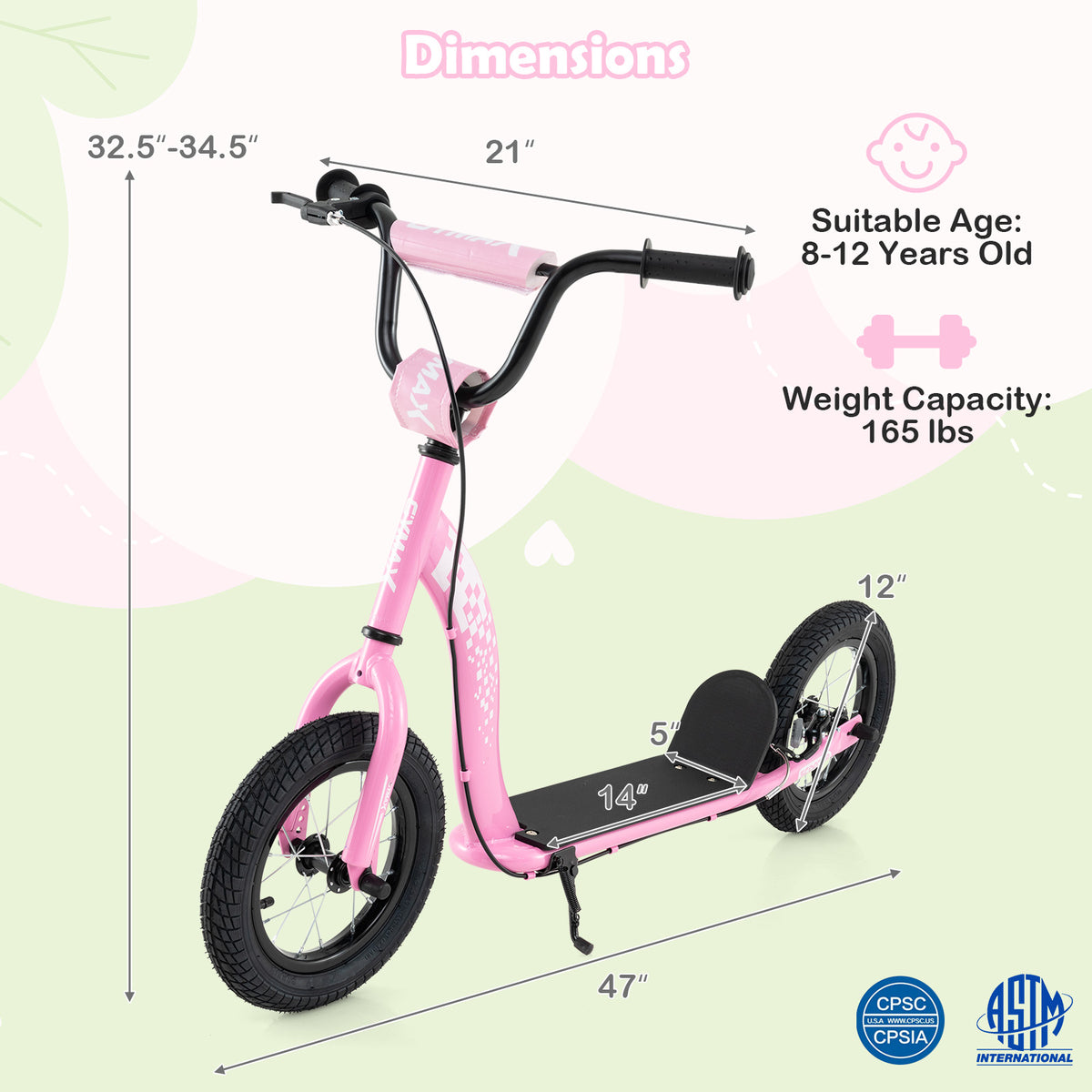Trottinette pour enfants et adolescents avec guidon réglable en hauteur et roues gonflables de 12 pouces