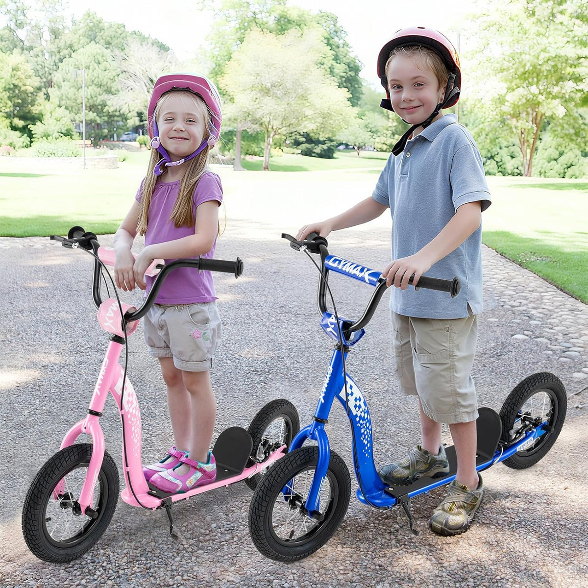 Trottinette pour enfants et adolescents avec guidon réglable en hauteur et roues gonflables de 12 pouces