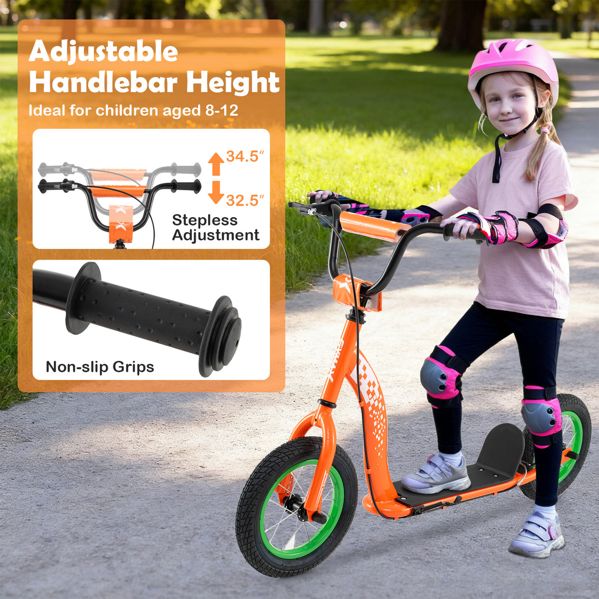 Trottinette pour enfants et adolescents avec guidon réglable en hauteur et roues gonflables de 12 pouces