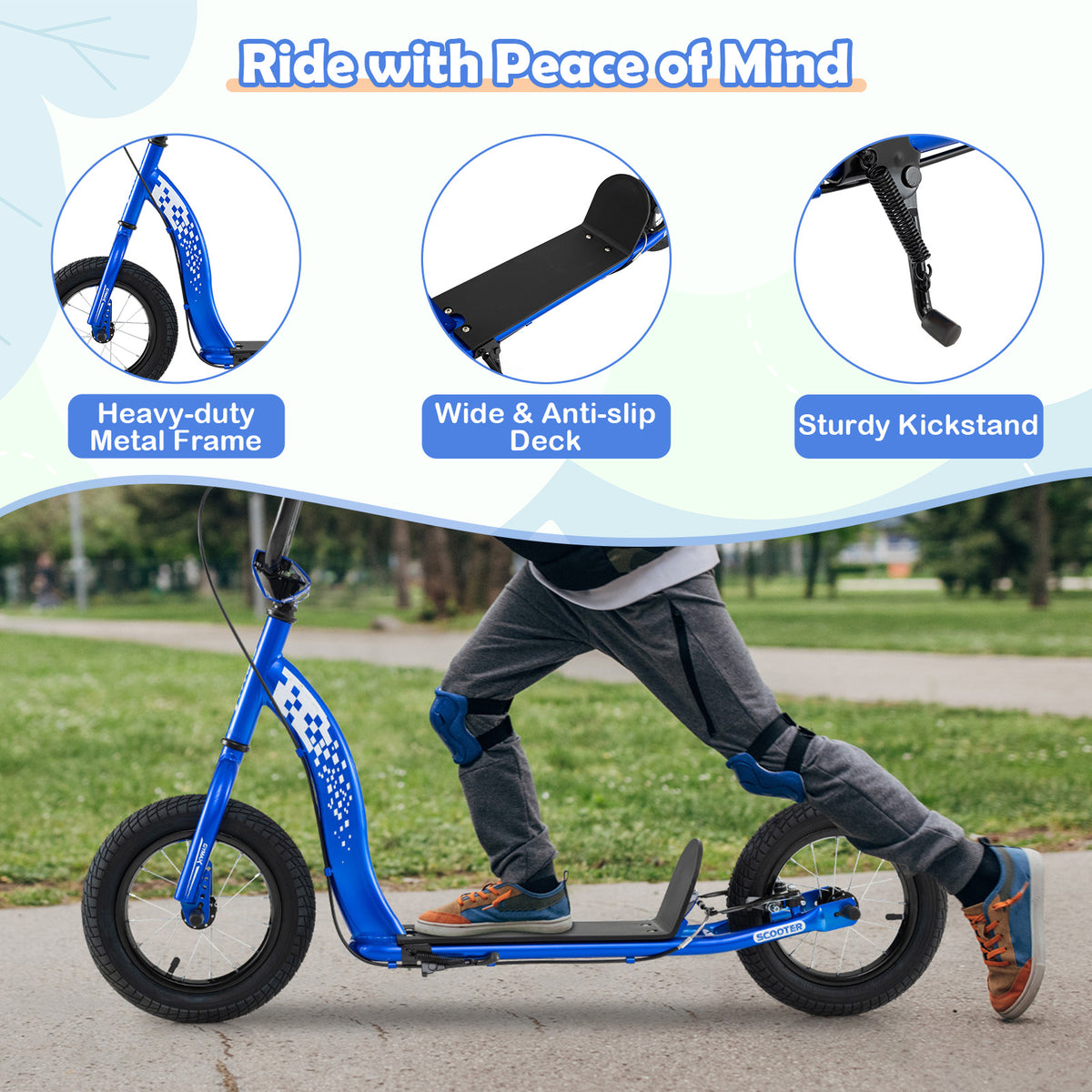 Trottinette pour enfants et adolescents avec guidon réglable en hauteur et roues gonflables de 12 pouces