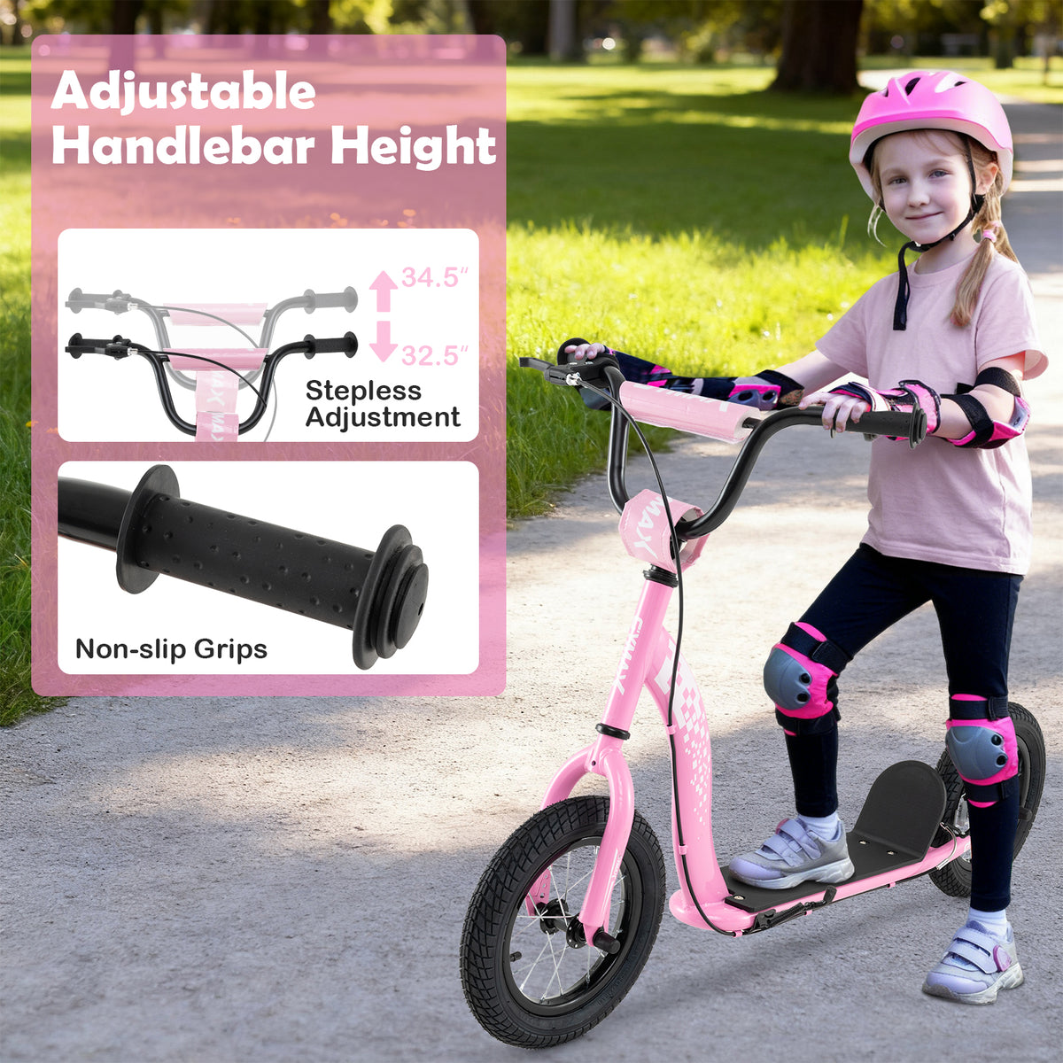 Trottinette pour enfants et adolescents avec guidon réglable en hauteur et roues gonflables de 12 pouces