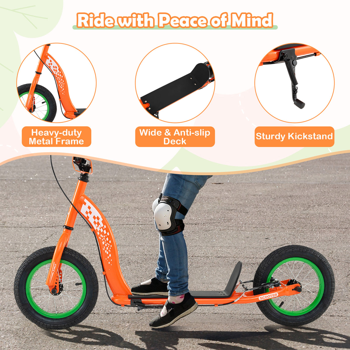 Trottinette pour enfants et adolescents avec guidon réglable en hauteur et roues gonflables de 12 pouces