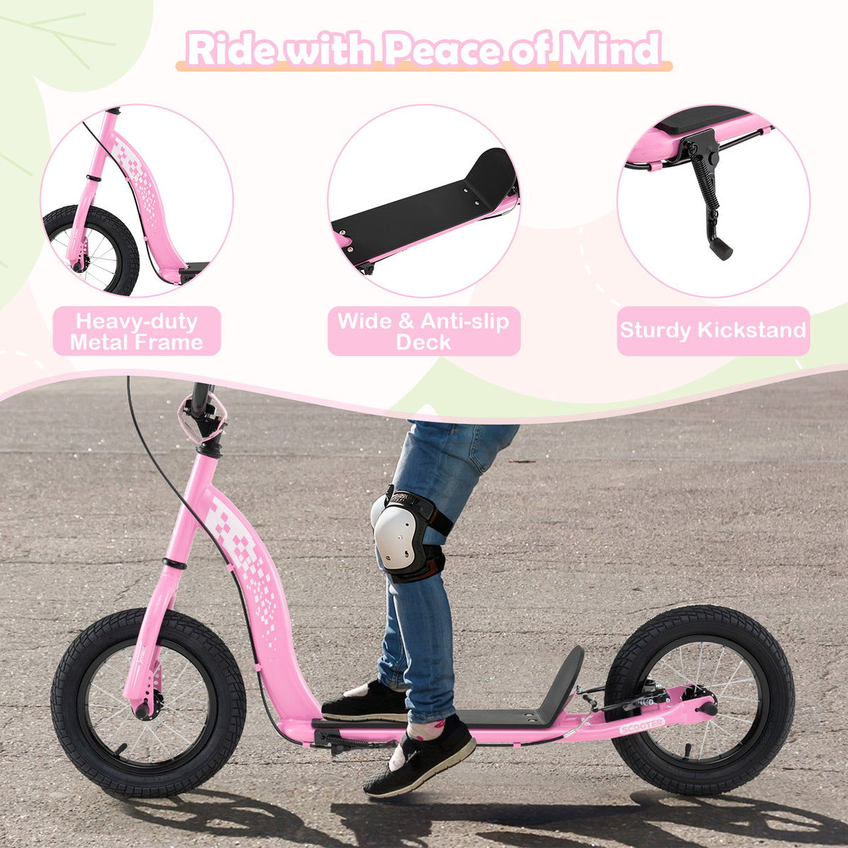 Trottinette pour enfants et adolescents avec guidon réglable en hauteur et roues gonflables de 12 pouces