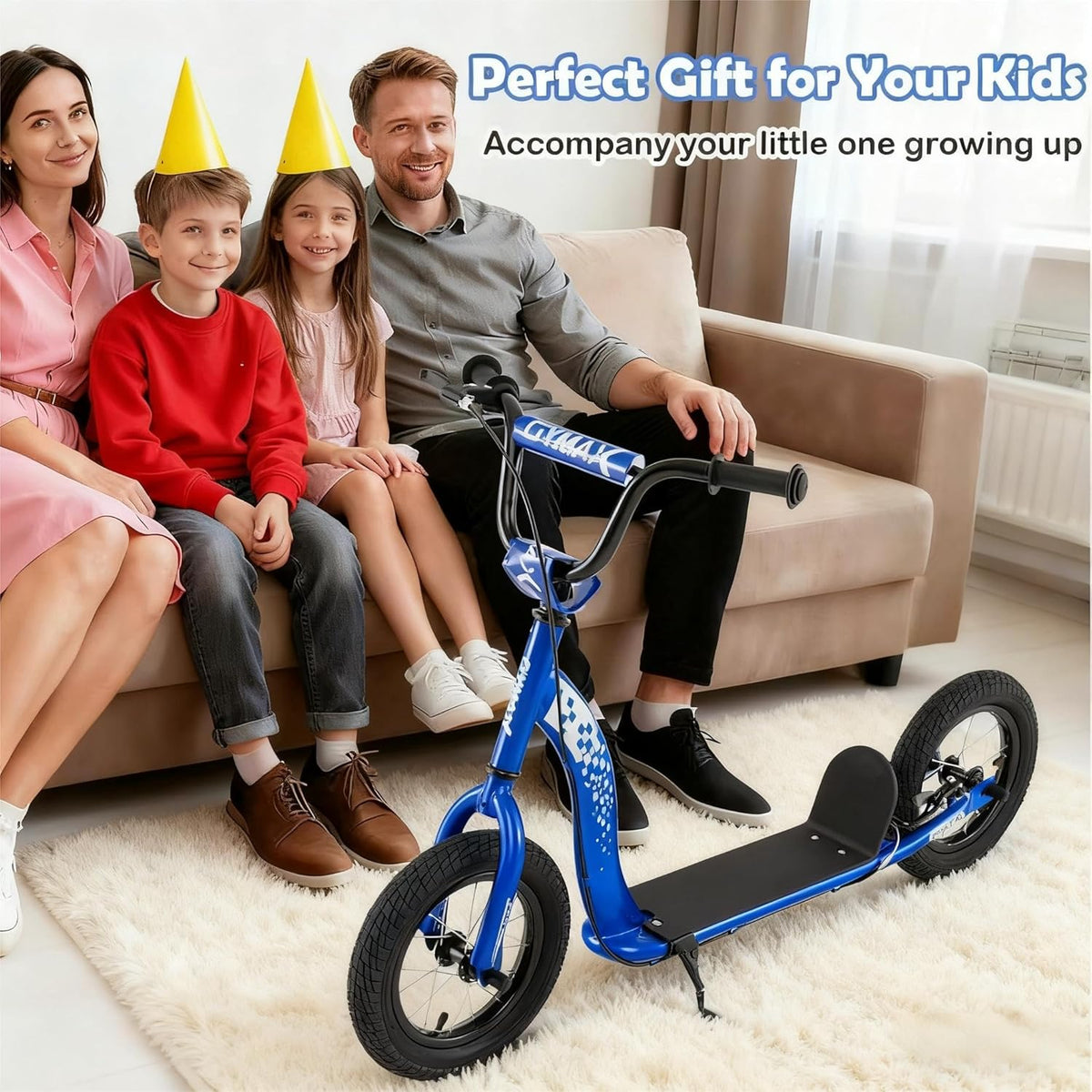 Trottinette pour enfants et adolescents avec guidon réglable en hauteur et roues gonflables de 12 pouces