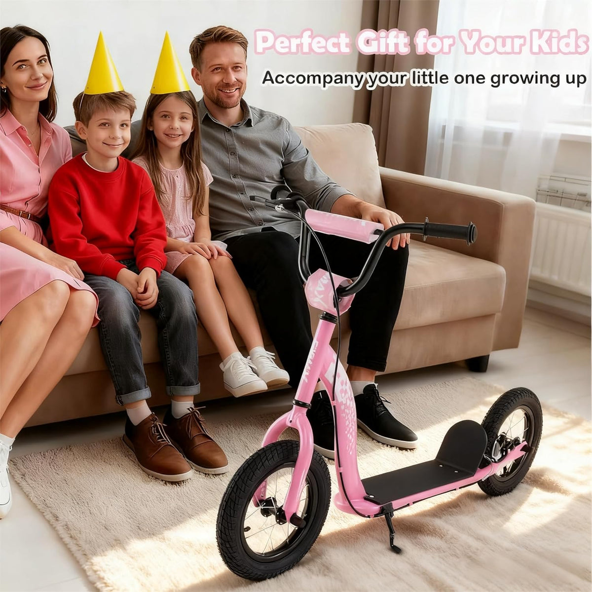 Trottinette pour enfants et adolescents avec guidon réglable en hauteur et roues gonflables de 12 pouces