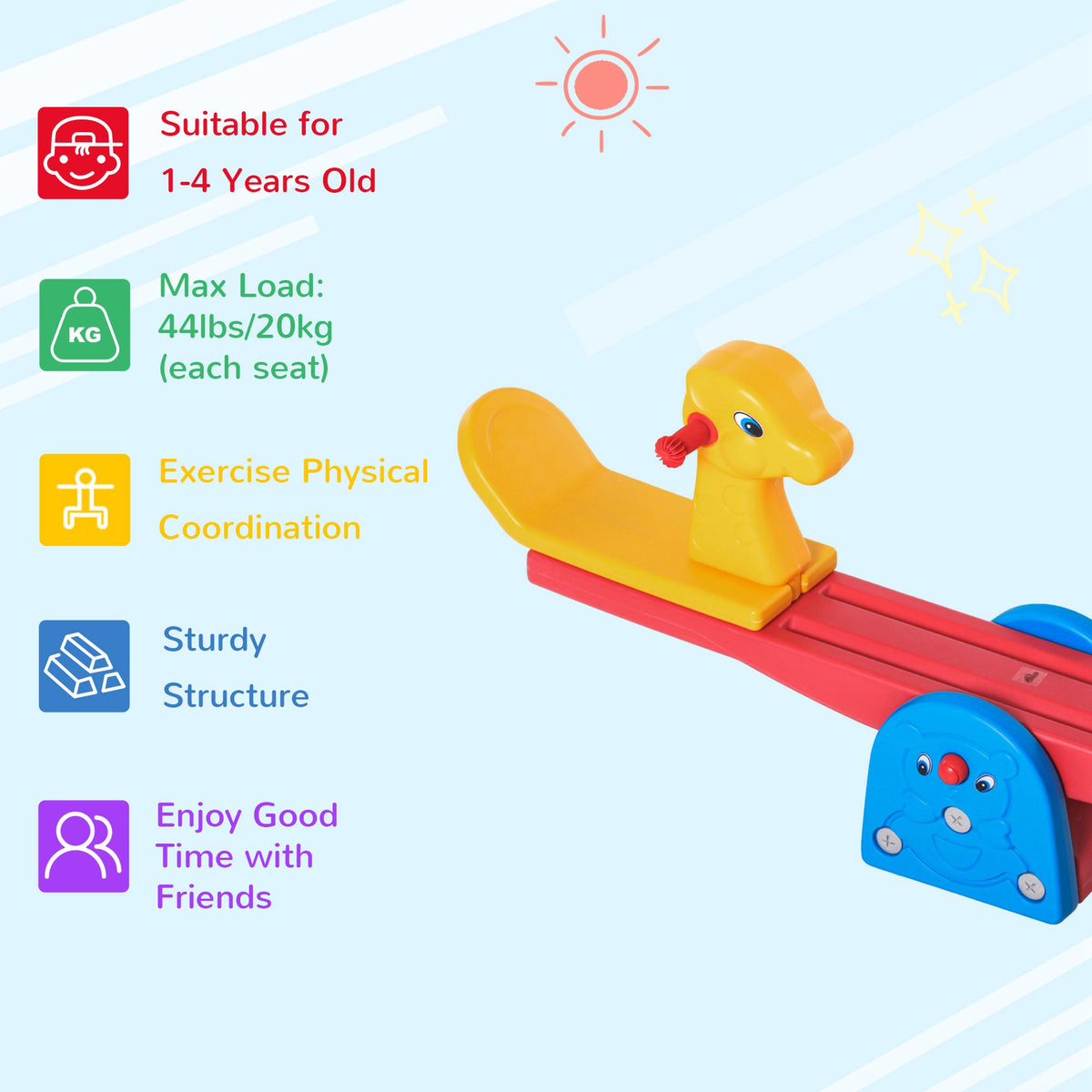 Kids Seesaw Safe Teeter Totter 2 Seats with Easy-Grip Handles Indoor Outdoor Living Room Playroom Backyard Equipment, for 12-48 Months, Multicolor-Toys & Games > Kids Outdoor Play > Gym Sets & Swings-DECOROLALA