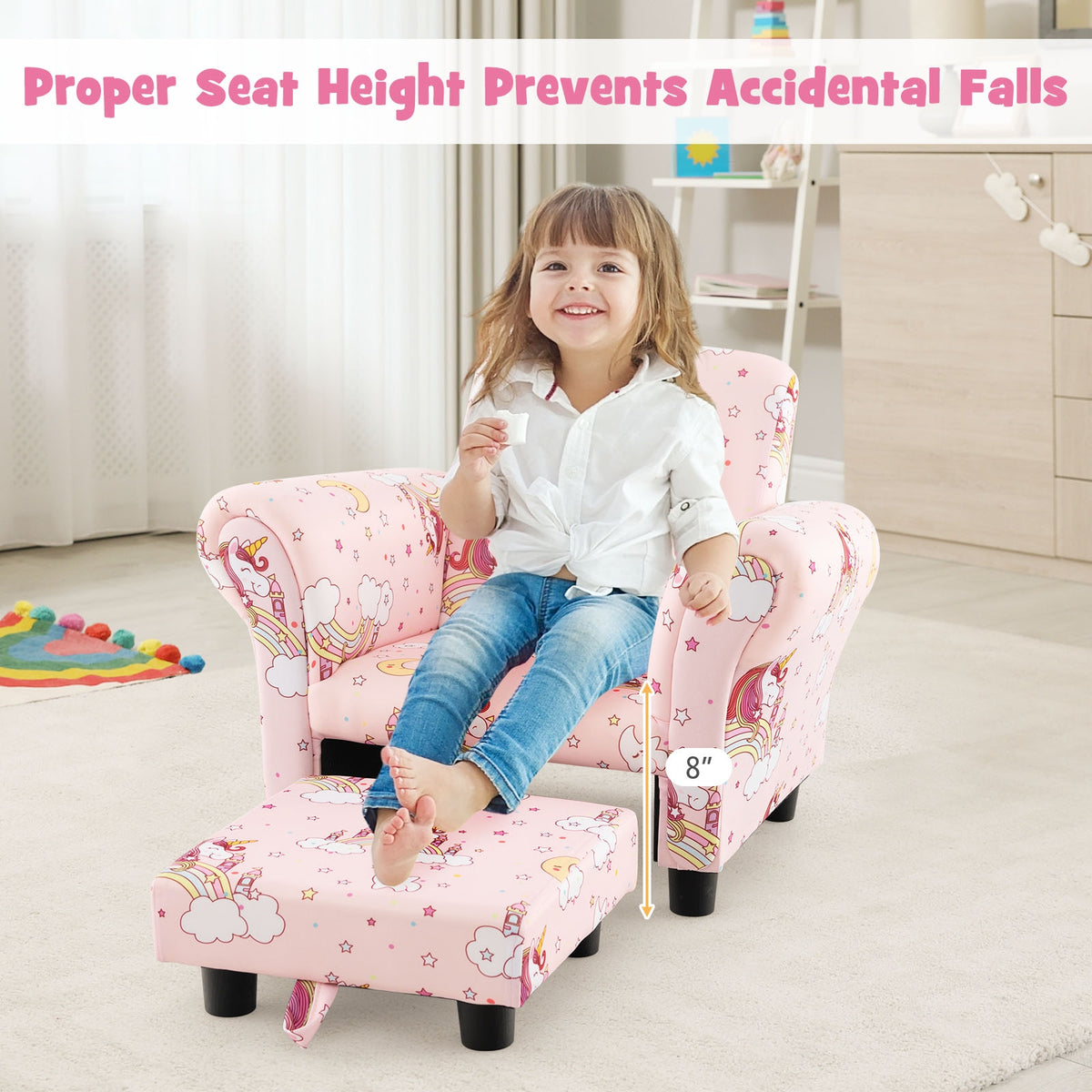 Kids Single Sofa with Cute Patterns Ergonomic Backrest and Armrests-Pink-Kids Chairs-DECOROLALA