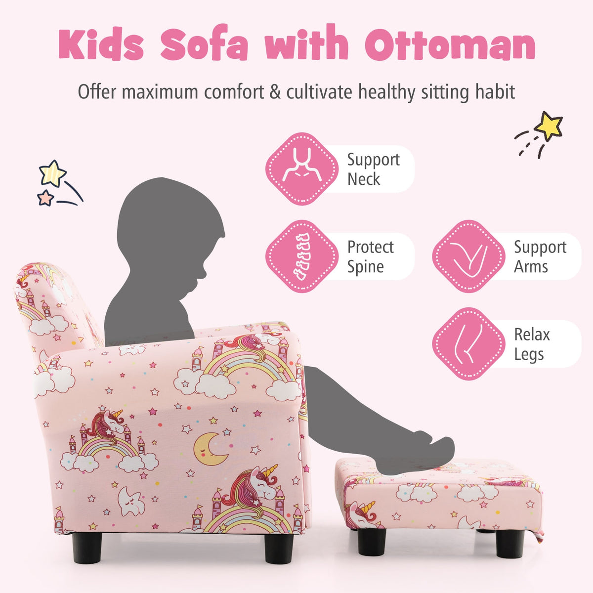 Kids Single Sofa with Cute Patterns Ergonomic Backrest and Armrests-Pink-Kids Chairs-DECOROLALA