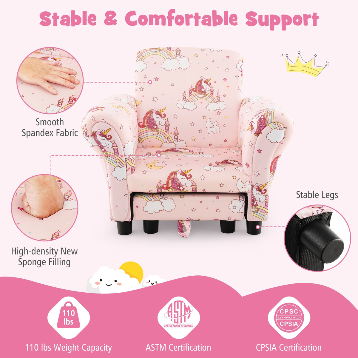 Kids Single Sofa with Cute Patterns Ergonomic Backrest and Armrests-Pink-Kids Chairs-DECOROLALA