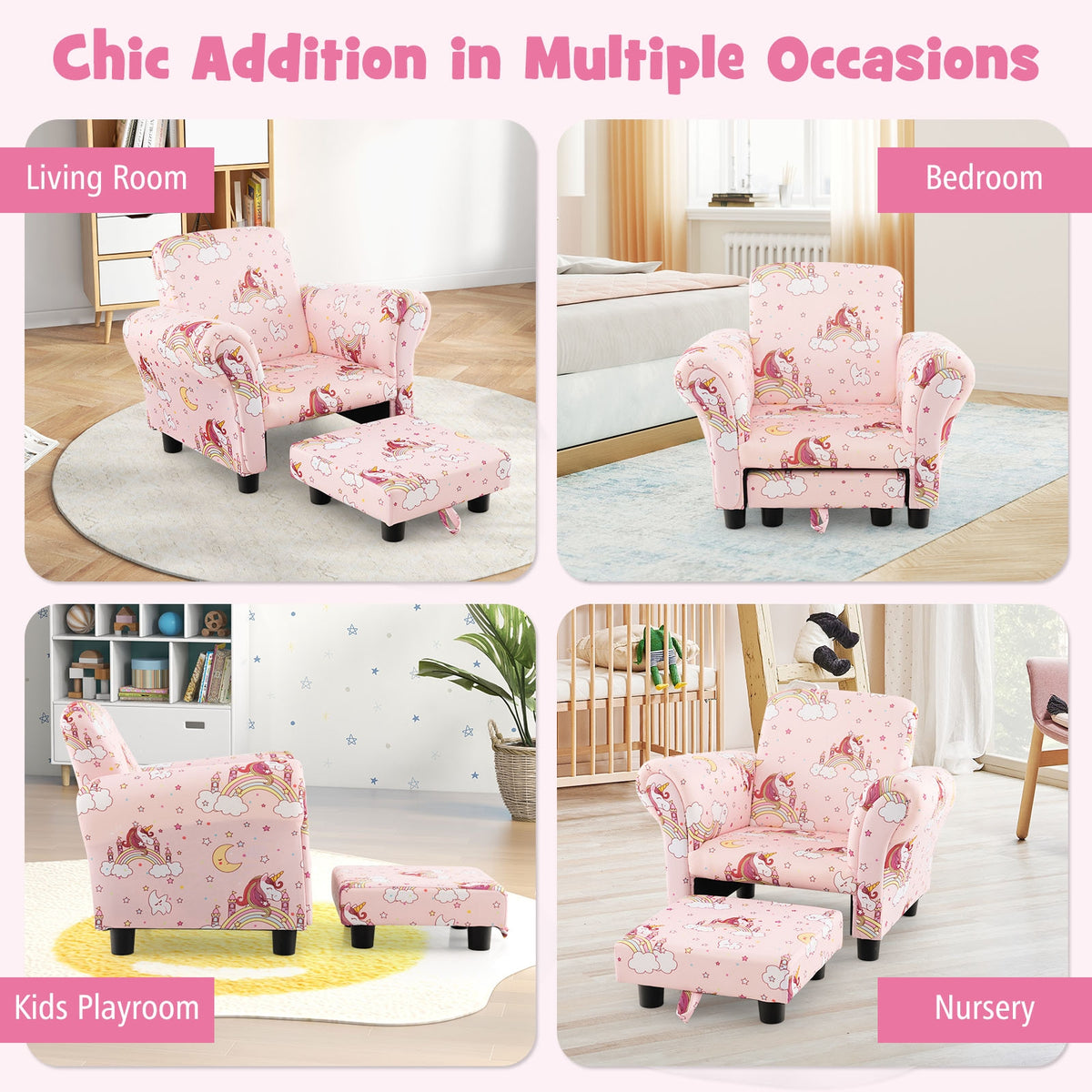 Kids Single Sofa with Cute Patterns Ergonomic Backrest and Armrests-Pink-Kids Chairs-DECOROLALA