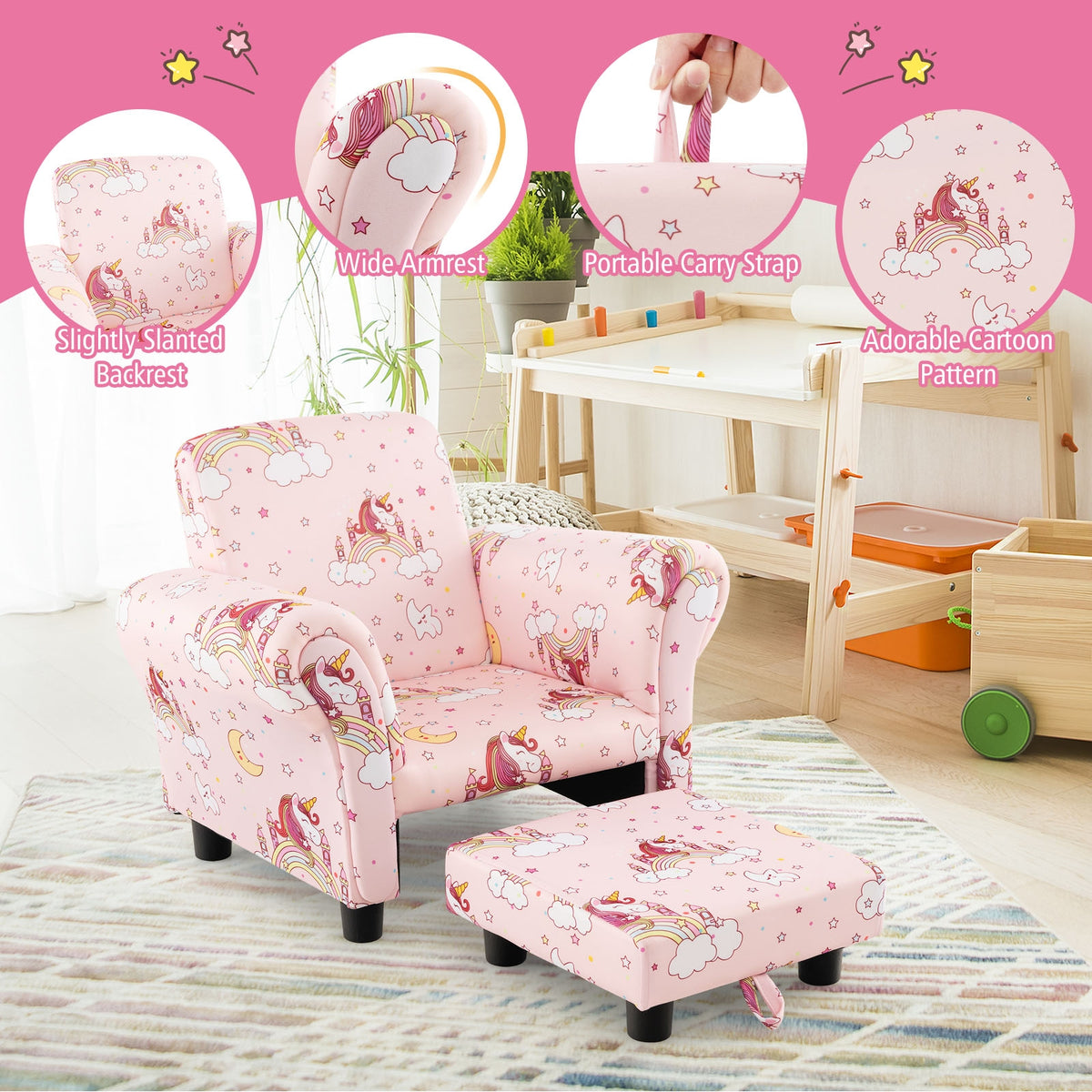 Kids Single Sofa with Cute Patterns Ergonomic Backrest and Armrests-Pink-Kids Chairs-DECOROLALA
